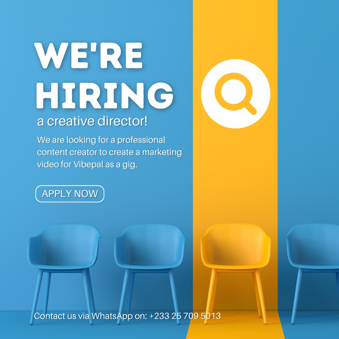 thevibepal's tweet photo. We are looking for a sharp, professional Creative Director for a marketing video gig! 
If you’ve got the skills to make a brand stand out, let's work together. Apply via WhatsApp: +233 25 709 5013 (Make sure to send over 2 of your best works!)

#Hiring  #CreativeJobs #ApplyNow https://t.co/nY7GmDWz2j