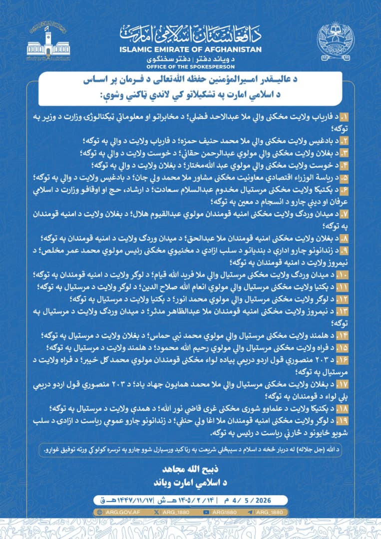 د عالیقدر امیرالمؤمنین حفظه ﷲتعالی د فرمان پر اساس د اسلامي امارت په تشکیلاتو کې ټاکنې وشوې.