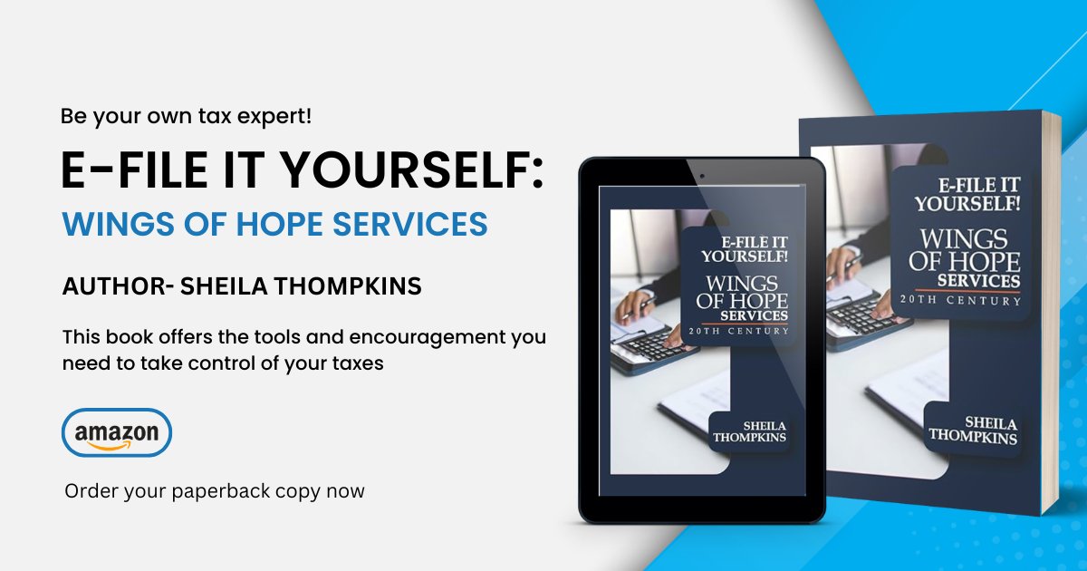 dm_rahima's tweet image. 💻Learn to e-file like a pro! "E-FILE IT YOURSELF: Wings of Hope Services" by Sheila Thompkins (Paperback Edition) is now on Amazon. Get your copy today.
🔗Buy Link- a.co/d/0fVWVCdK
#EFileTips #TaxHelp #AmazonReads #FinanceGuide #SmartLiving