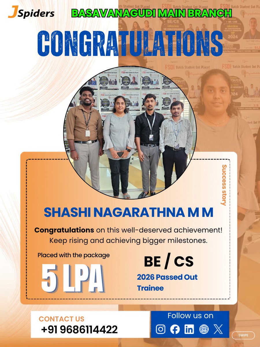 JBasavanagudi's tweet photo. 📷 Congratulations, SHASHI NAGARATHNA, on getting placed at JSPIDERS Basavanagudi! This is a fantastic achievement. Best of luck in your new role! 📷
#jspiders #Congratulations #NewJob #SuccessStory #JavaStack #FullStackJava #JavaDevelopment #JavaCoding #jobplacement https://t.co/KHZ3wRa8Jd