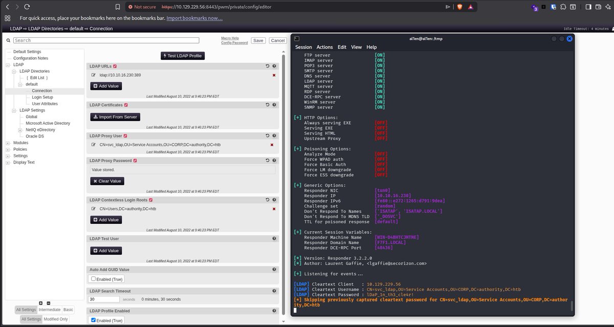 al1enr00t's tweet photo. Responder ready. Changed URL to my tun0.

[LDAP] Cleartext Username: CN=svc_ldap
[LDAP] Cleartext Password: lDaP_1n_th3_cle4r!

Credentials in the clear. ☠️
evil-winrm → user.txt ✅ 👇

#HackTheBox #Responder #LDAP #Authority #ActiveDirectory #Pentesting https://t.co/yaDtQC0CXP