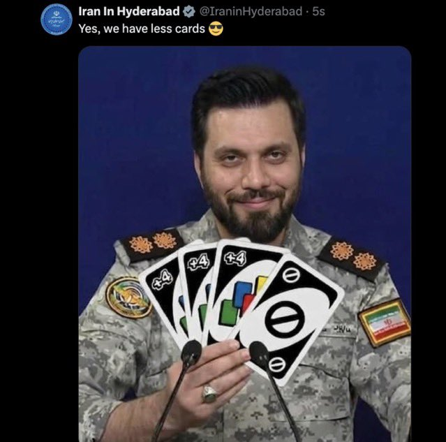 purewords0's tweet image. Trump: I HAVE ALL THE CARDS  
Iranian Embassy: Yes, we have less cards
#usa #IranWar‌ #russia #middleeastwars
