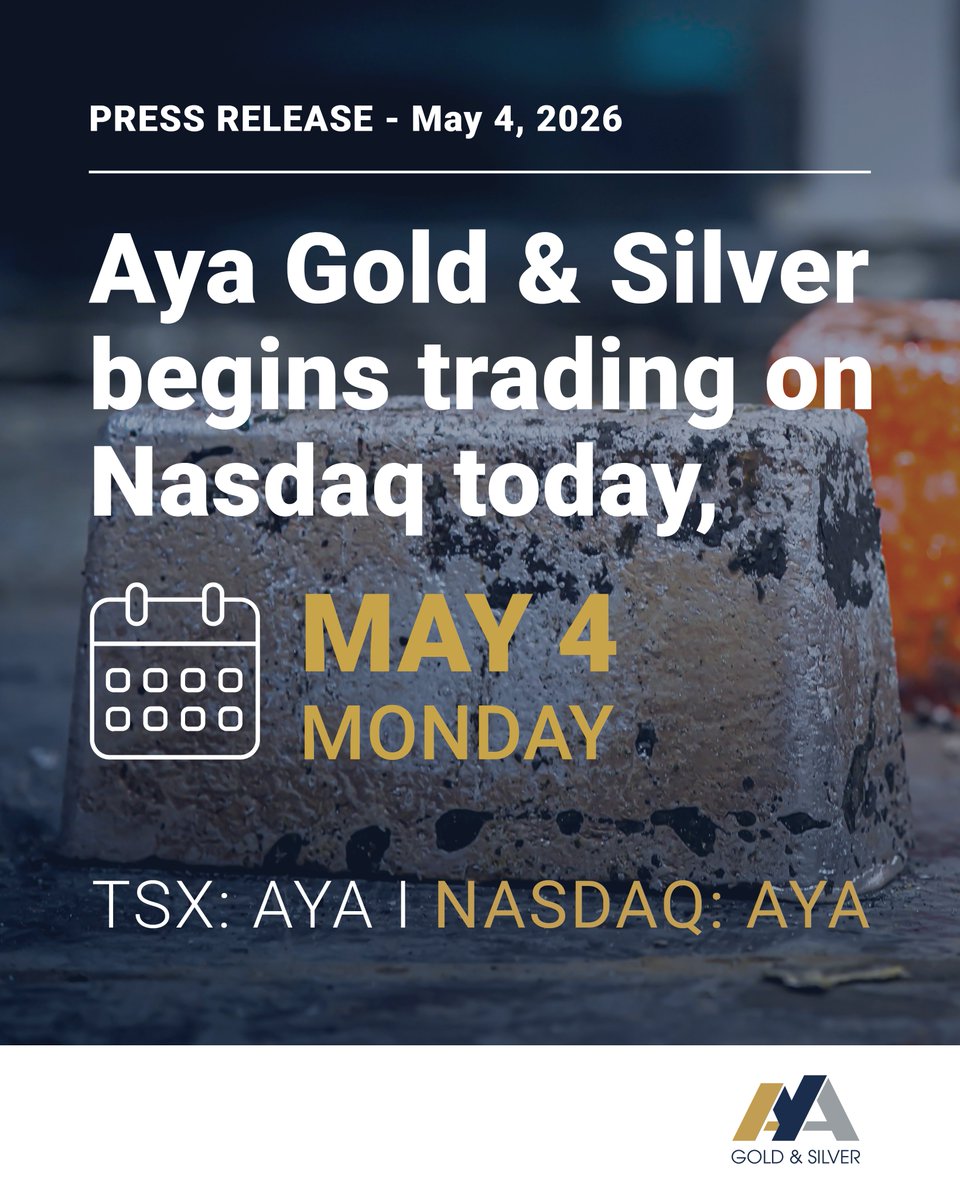 <a href="/AyaGoldSilver/">Aya Gold & Silver</a> begins trading on <a href="/Nasdaq/">Nasdaq</a> today under the ticker symbol “AYA”. Our common shares will continue to trade on the TSX.

👉 Read the full release here: bit.ly/4cXVxIE

#Nasdaq #TSX #Mining #Silver #PreciousMetals