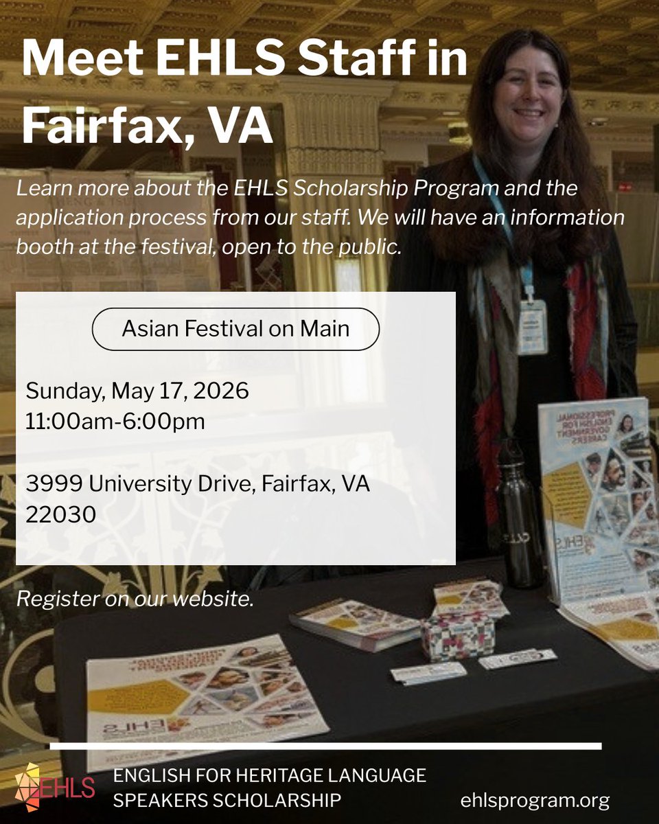 EHLSProgram's tweet photo. Meet EHLS in Fairfax, VA on Sunday, May 17! We look forward to seeing you in person and telling you more about the program. We will have an information booth at the Asian Festival on Main, open to the public, from 11 am to 6 pm, 3999 University Drive, Fairfax, VA 22030 https://t.co/fSWWnFct7d