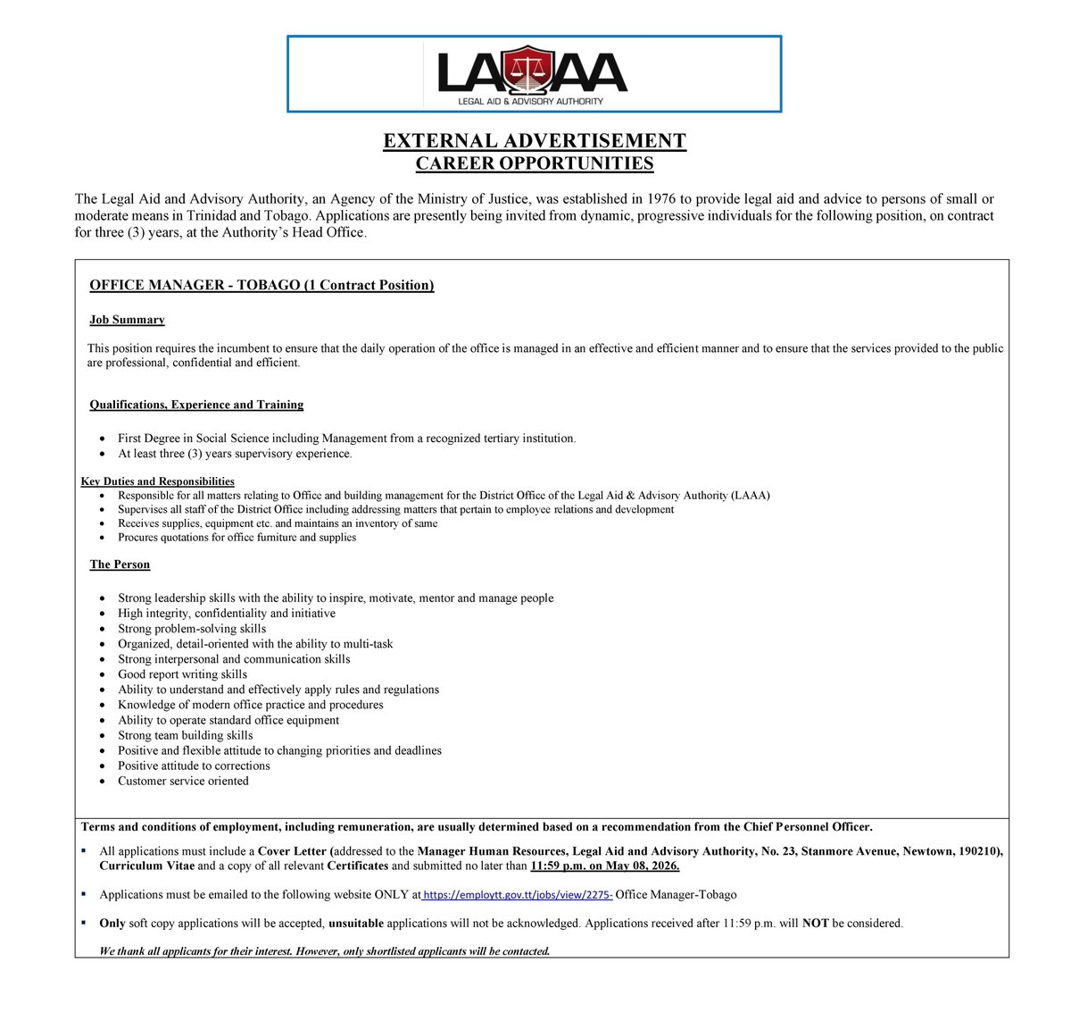 LabourGovTT's tweet image. #APPLYNOW Applications are invited to suitably qualified persons for the following position within the Legal Aid and Advisory Authority.