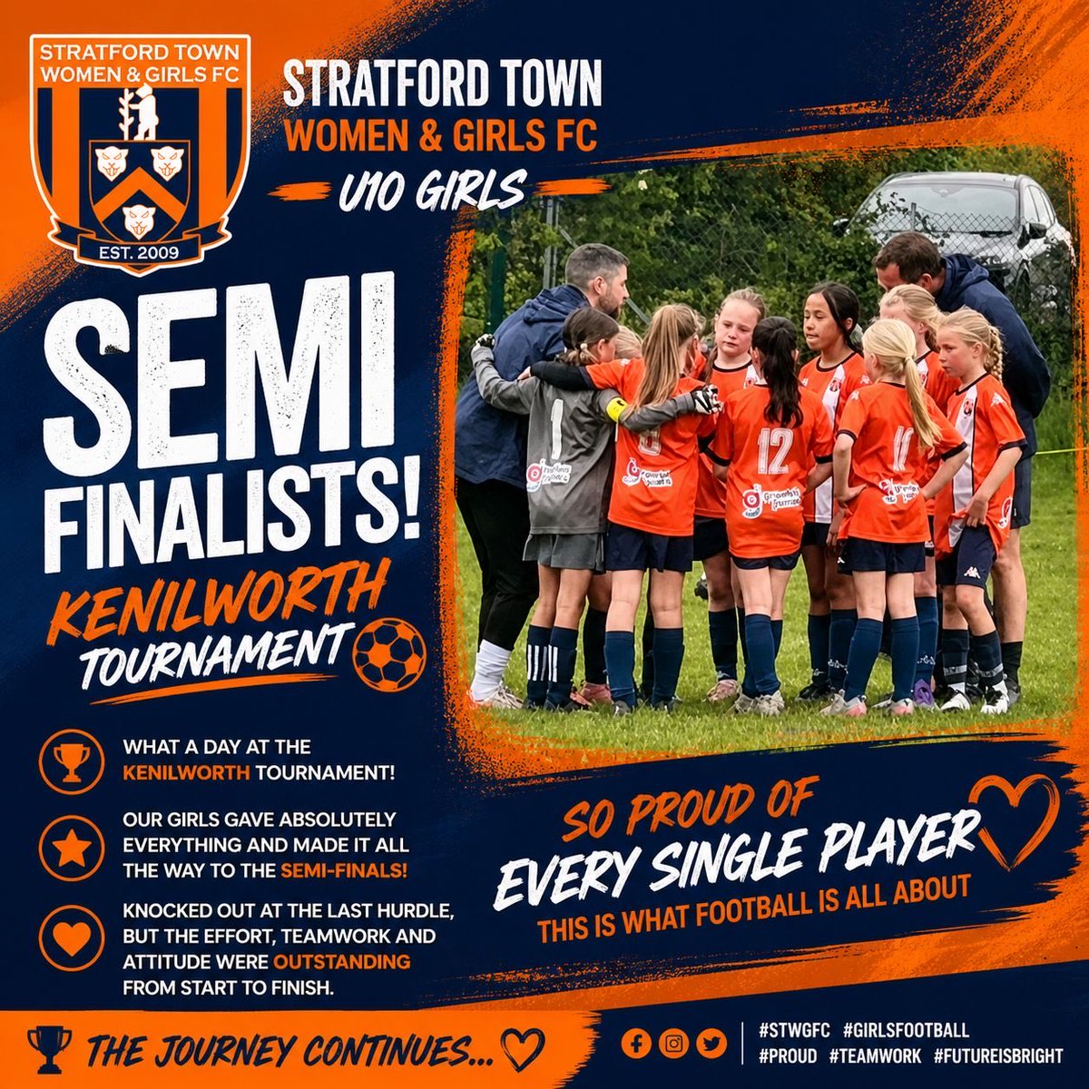 STWGFC's tweet photo. U10 Stratford Town Women &amp; Girls FC 💙🧡

What a day at the Kenilworth Tournament!

Our girls gave absolutely everything and made it all the way to the semi-finals 💪⚽ https://t.co/67rVpapfWX