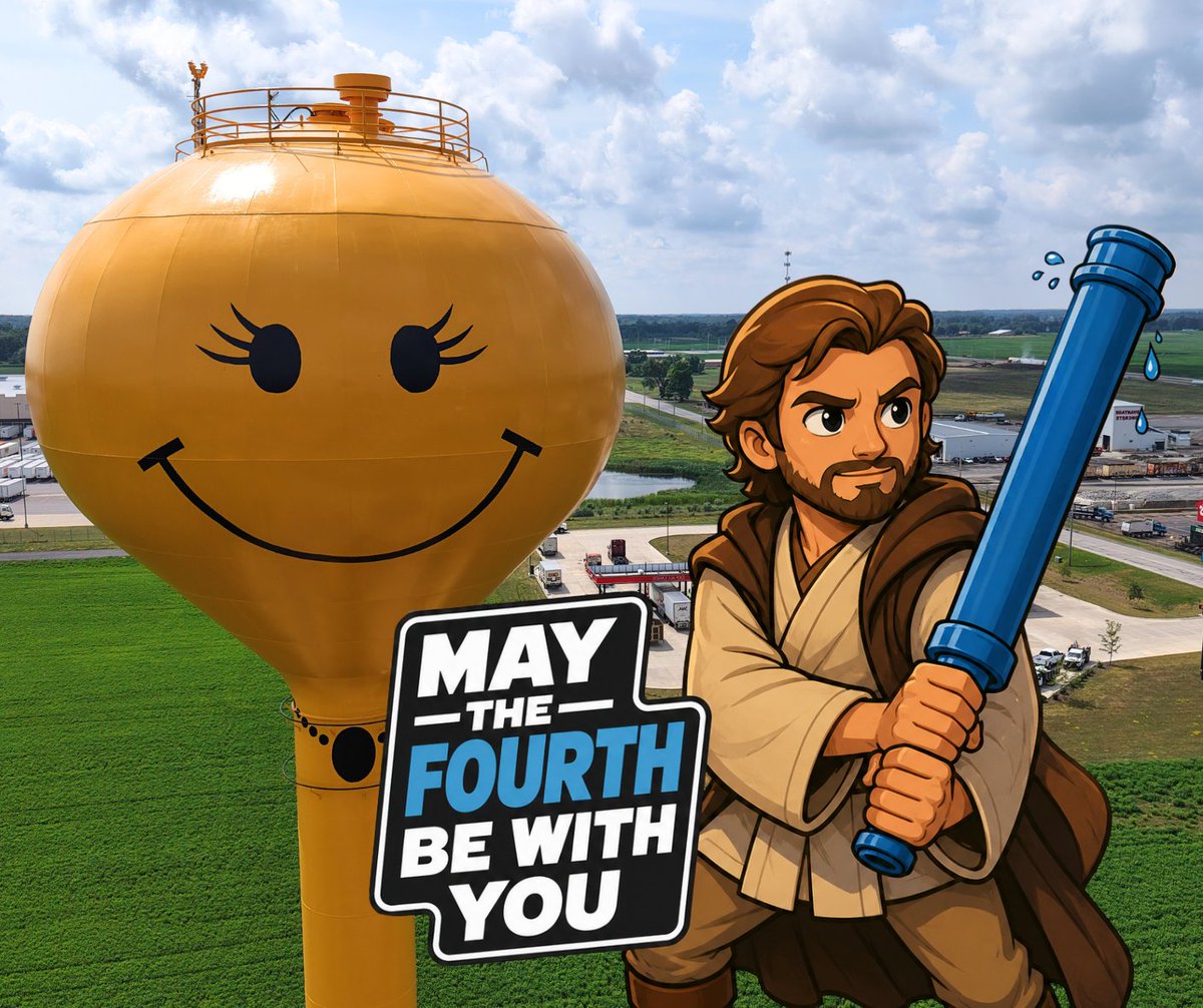 WesslerEng's tweet photo. In a galaxy not so far away, our jedis are making water systems as sustainable and reliable as the Force.
 
As an ancient Jedi Grand Master might say, "Better tomorrows, we are engineering."
 
May this smiley water tower bring you joy and #Maythe4th be with you! https://t.co/4ccc0evKgz
