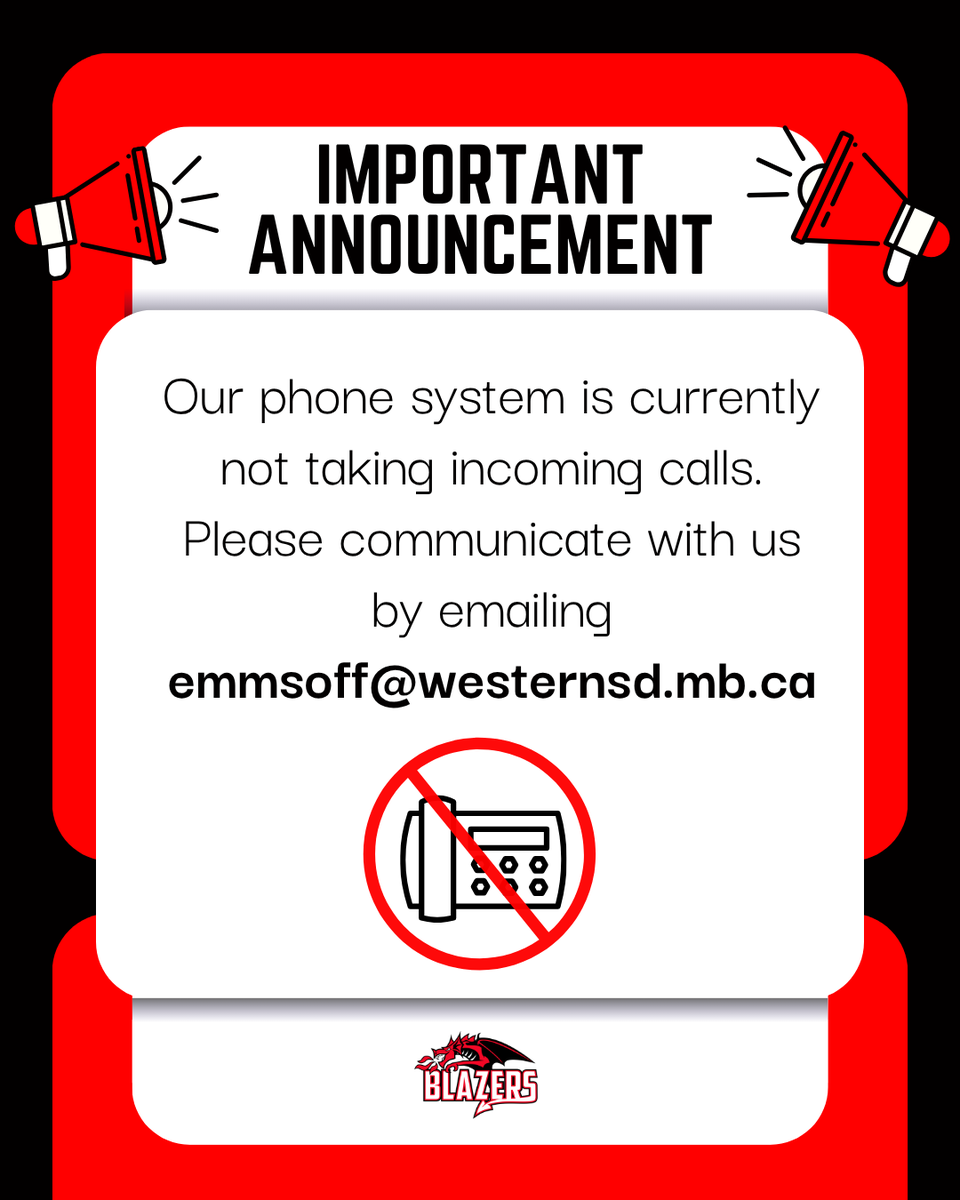 emmswsd's tweet photo. Our phone system is currently down, and we are unable to take incoming calls.

Please email emmsoff@westernsd.mb.ca for all inquiries.

We apologize for the inconvenience and will provide an update as soon as our system is back up and running. https://t.co/CAsvuSPhBm