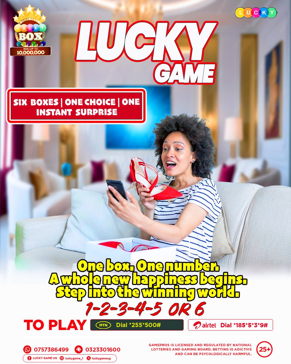 luckygameug's tweet photo. 🎯 LUCKY GAME
SIX BOXES | ONE CHOICE | ONE INSTANT SURPRISE 💥
One box. One number.
A whole new happiness begins. 🎁✨
Step into the winning world. 🍀
1️⃣ 2️⃣ 3️⃣ 4️⃣ 5️⃣ 6️⃣ — Which one are you picking?
📲 MTN → *255*500#
📲 Airtel → *185*5*3*9#
🔞25+ | T&amp;C

#LuckyGameUG #WinBigUG https://t.co/rbuy2wv2Ka