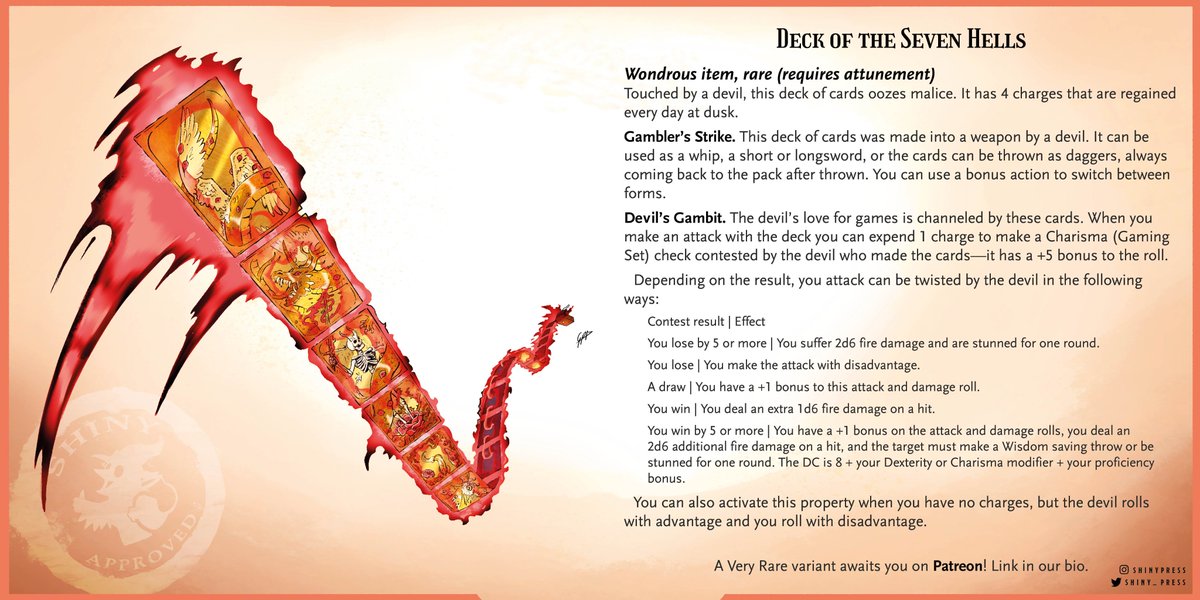 🔥 It’s no surprise that devils, born tricksters that twist and turn words, rules, and agreements in their favor, love a cards. Decks of the Seven Hells pop-up now and then in shady and prestigious game tables alike, given as reward for a pact well struck.

#dnd #dnd5e #ttrpg
