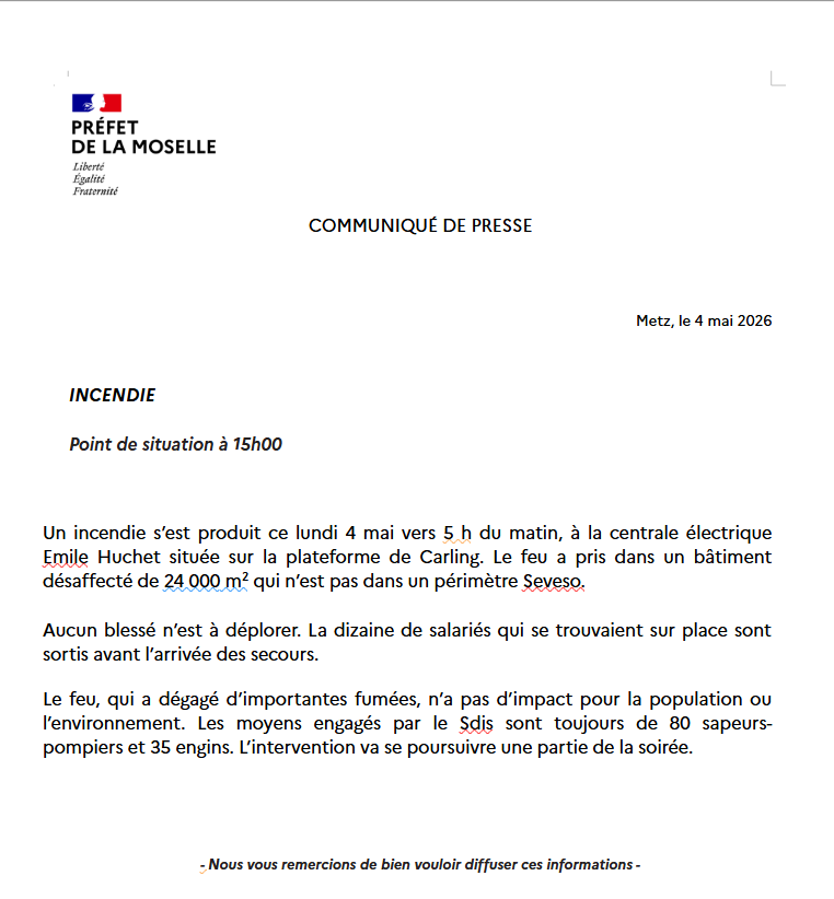 Image de Préfet de la Moselle - ACTUALISATION - #Information I Incendie dans un bâtiment désaffecté, qui n'est pas installé dans un 