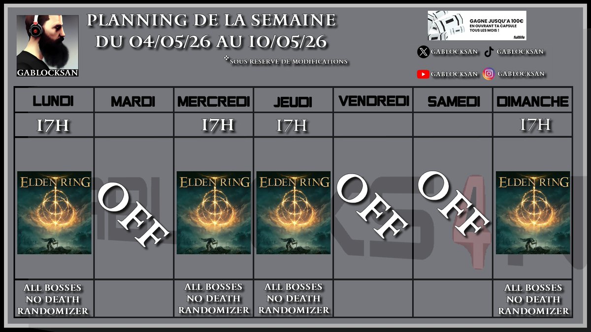 GablockSan's tweet photo. On continue le défi All Bosses No Death sur #eldenring et voilà c'est déjà pas mal. 
On va gagner le gaming !
#gablocksan #planning #twitchfr https://t.co/NvPrRILLoe