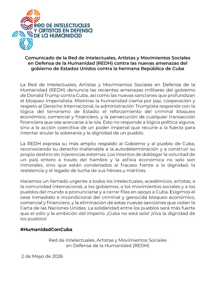 GobiernoCuba's tweet photo. #LaPatriaSeDefiende l 

La Red de Intelectuales, Artistas y Movimientos Sociales en Defensa de la Humanidad denuncia las recientes amenazas militares del gobierno de EE UU contra Cuba, así como las nuevas sanciones que profundizan el cruel bloqueo. https://t.co/vkm61px6yp