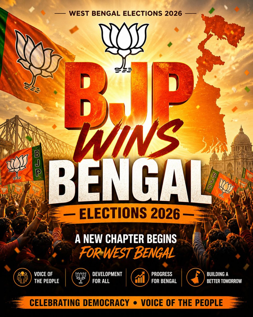 imbong_guy's tweet photo. Mark the date – 4th May 2026. 🗓
This is not just a date, it’s a moment of history being rewritten in Bengal.
For the first time, Bharatiya Janata Party 🪷 has secured a decisive victory in the West Bengal elections with 200+ seats, bringing an end to the 15-year rule of TMC https://t.co/O06pSXU933