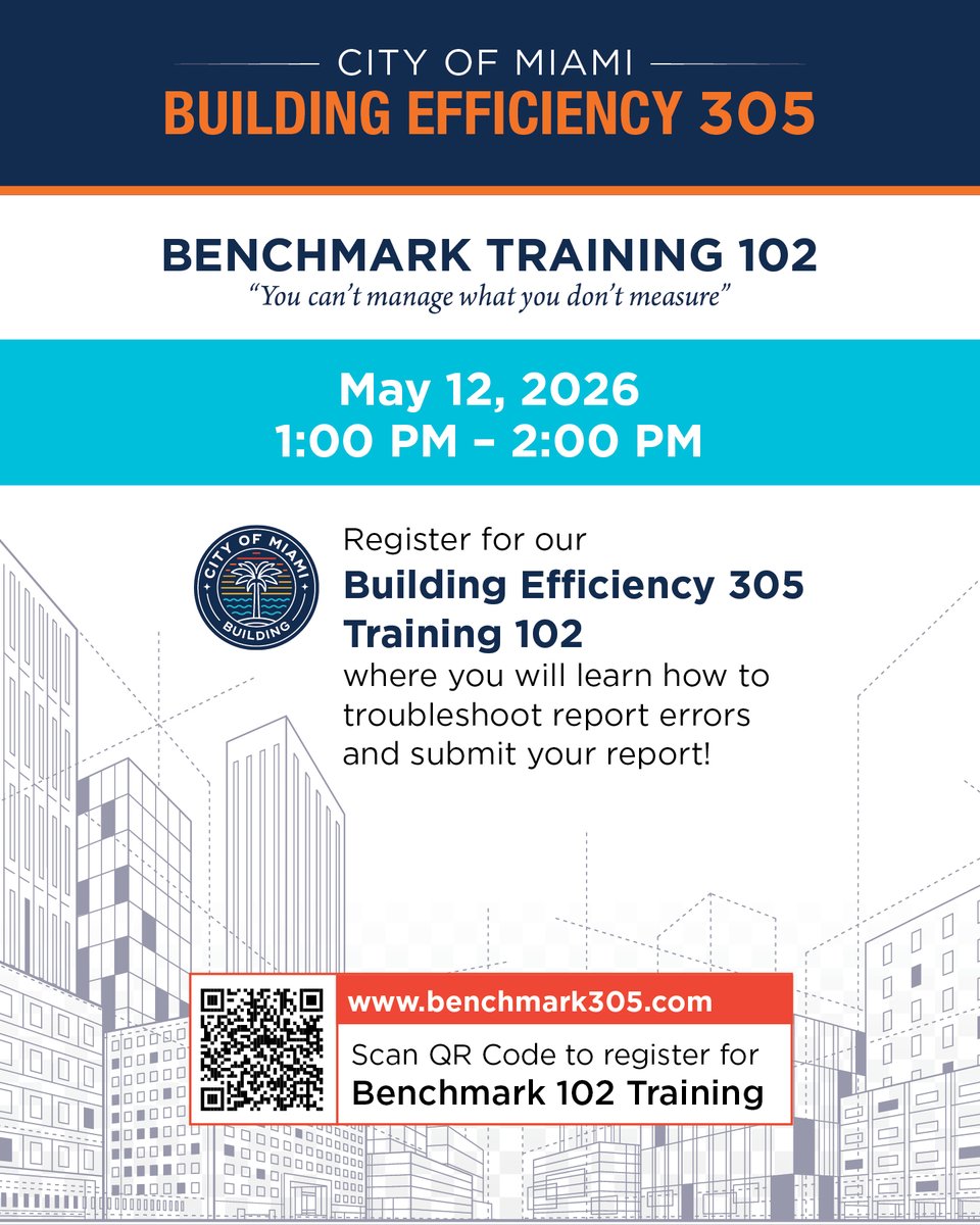 CityofMiami's tweet image. 📊 Benchmarking your building’s energy use is the first step toward improving efficiency.
 Join our Benchmark Training 101 to learn how the Building Efficiency 305 Program works.
 📅 May 12 | ⏰ 1 PM
🔗 Register: benchmark305.com
 #CityofMiami #EnergyEfficiency