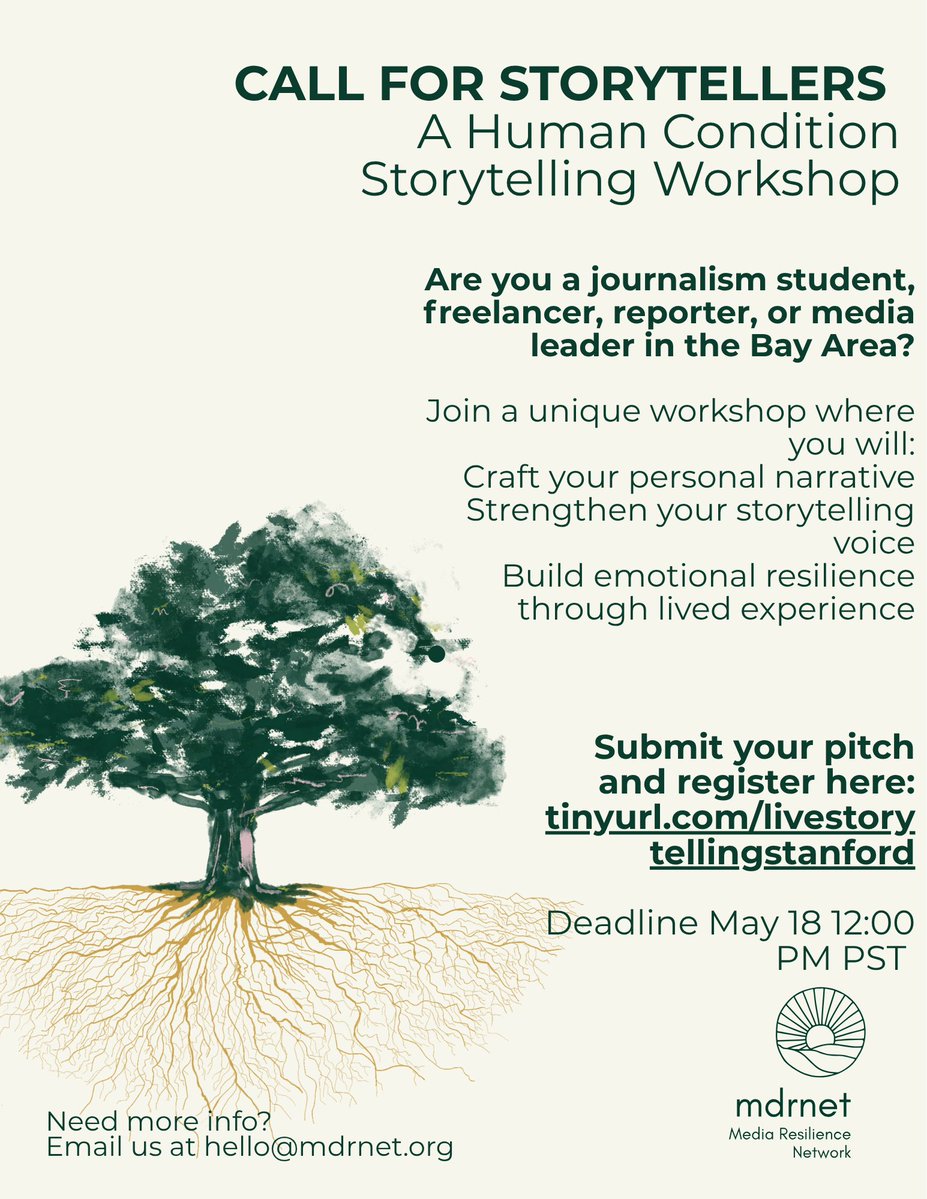 mdrnetorg's tweet image. Are you a #journalist, freelancer, reporter, or media leader in the #BayArea?
mdrnet.org is looking for #storytellers to join A Human Condition, Storytelling Workshop. Learn and perform your piece at The Nitery Theater @Stanford 05/27 7 pm
👉 DM if you are interested