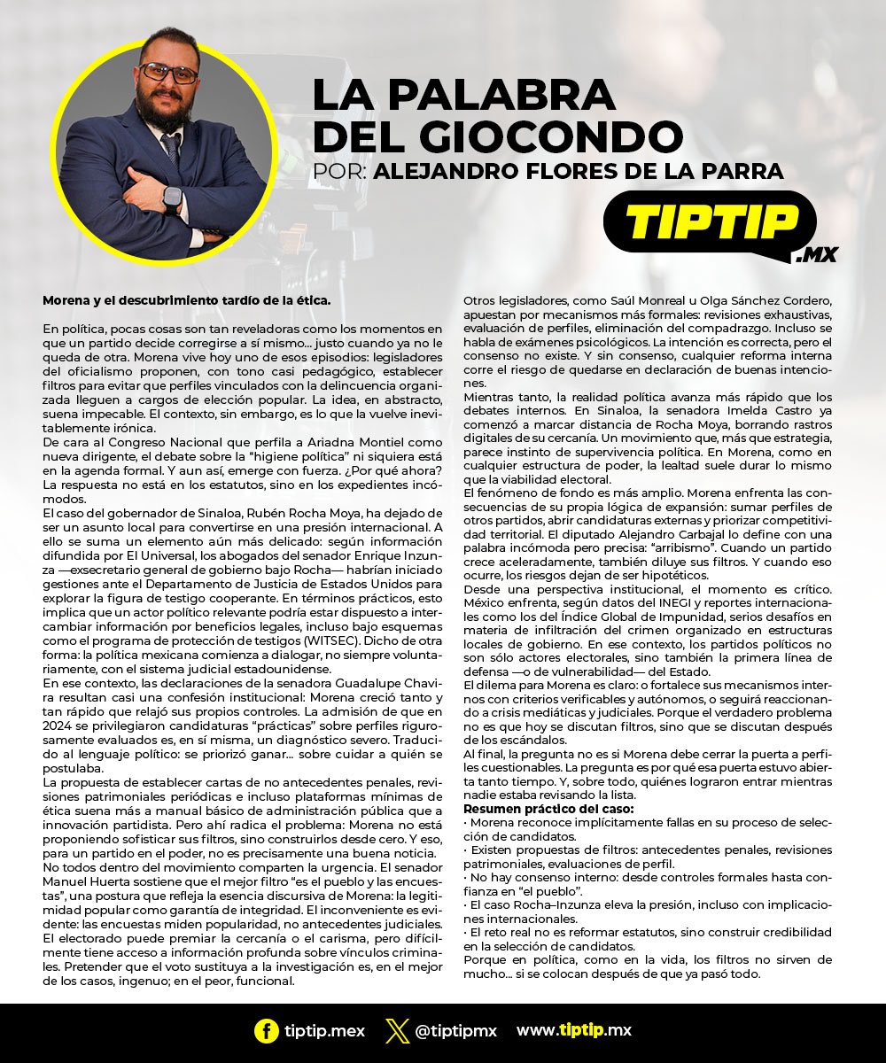 AlejandroFdelaP's tweet photo. Morena habla hoy de filtros, ética y “candidatos de lujo”… justo cuando los escándalos comienzan a acumularse y las dudas cruzan incluso fronteras. ¿Autocrítica real o control de daños? 

En este análisis publicado en https://t.co/q0Fc5FtVUz, desmenuzo las contradicciones, los intereses y el momento político detrás de este repentino descubrimiento de la moral partidista. Porque cuando un movimiento en el poder decide revisarse a sí mismo, lo importante no es lo que dice… sino por qué lo dice ahora. 👇🏼