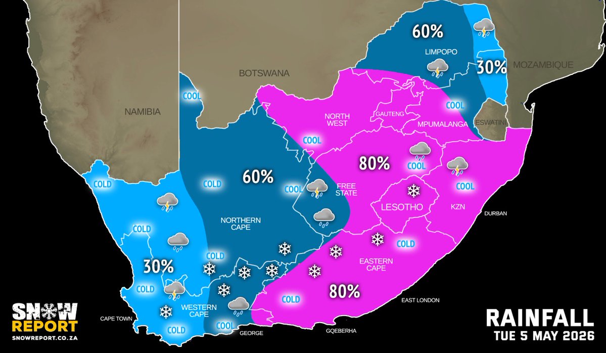 SnowReportSA's tweet image. SEVERE WEATHER: Intense cut-off low – disruptive rain, heavy snow, big waves, gale-force winds and a LEVEL 8 warning for disruptive rainfall and flooding. See snowreport.co.za for the full forecast #saws #weather #forecast #weatherwarnings