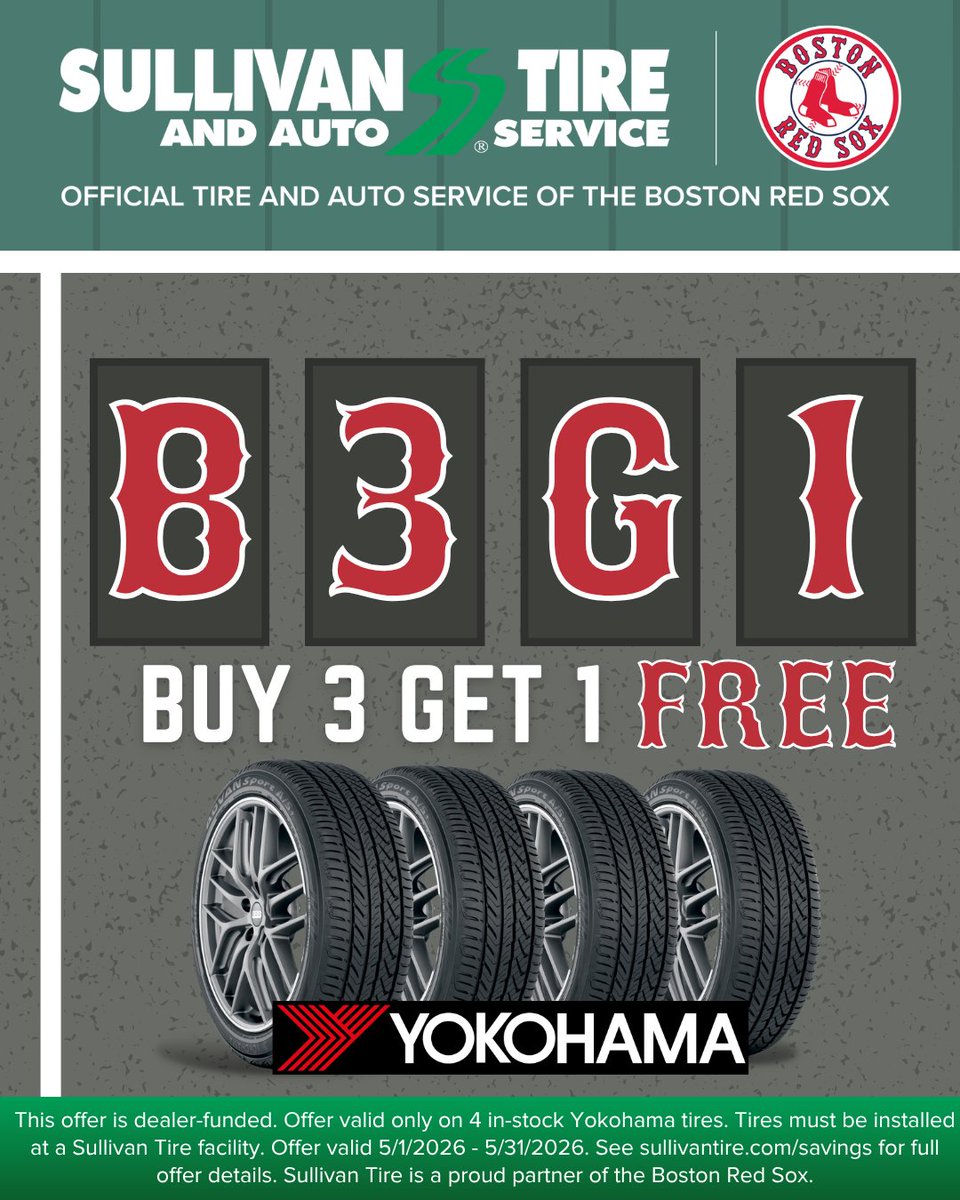 SullivanTire's tweet image. It's a Beantown bargain! ⚾

That's right: Buy 3 Get 1 FREE on all Yokohama tires all month long—ONLY at Sullivan Tire—the Official Tire and Auto Service of the Boston Red Sox.

We're Always Here To #GetYouThere®☘️

#YokohamaTires #NewEngland #GoSox #RedSox