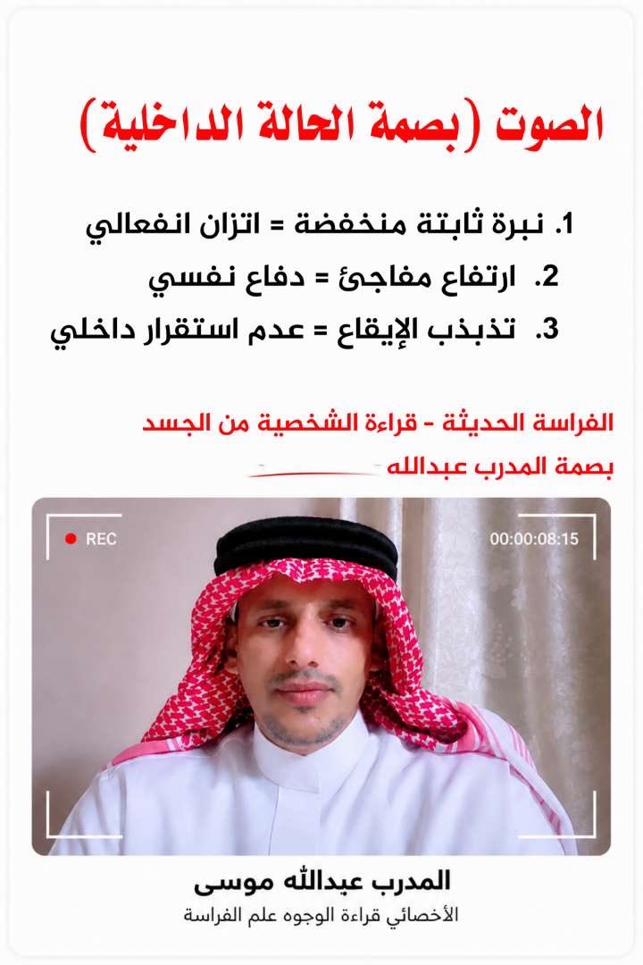 الصوت (بصمة الحالة الداخلية)

الصوت ليس مجرد وسيلة نقل للكلام… بل هو انعكاس مباشر لحالة الجهاز العصبي لحظة التحدث.
لذلك يتغيّر الصوت قبل أن تتغيّر الكلمات، لأنه مرتبط بالتنفس، التوتر العضلي، ومستوى الاستثارة الانفعالية.

نبرة مستقرة وإيقاع متوازن = تنظيم عصبي جيد وحضور ذهني هادئ