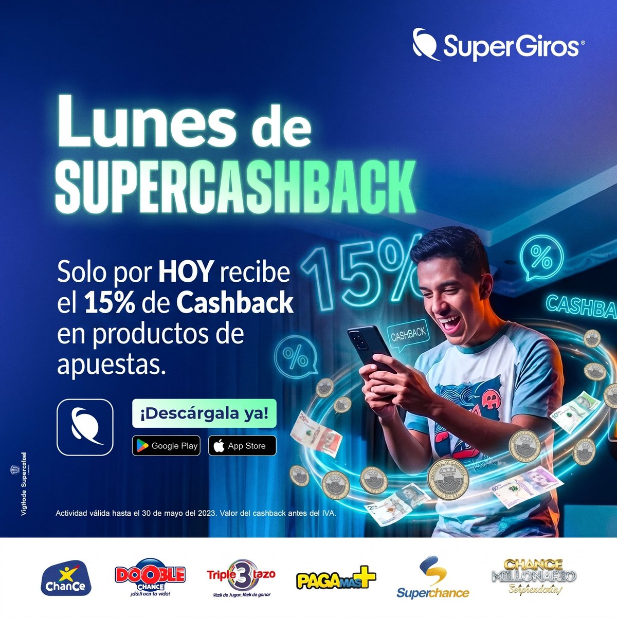 SuperGIROS_'s tweet image. Recibe #HOY el 15% de Cashback en tus apuestas realizadas desde nuestra App. Más oportunidades, más beneficios. 💸

¡Multiplica tu Cashback ahora! 📲 
onelink.to/appsupergiros

#SuperGIROS #Cashback #LunesDeGanar