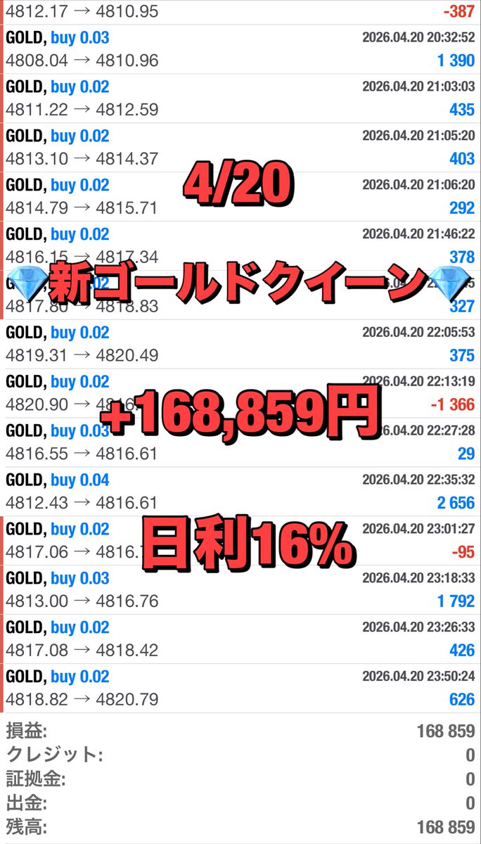 🐳🐳🐳🐳🐳🐳🐳🐳

耐久型爆益EA

新ゴールドクイーン

🐳🐳🐳🐳🐳🐳🐳🐳

✅4/20実績
+168,859円（日利16%）

🫧月利500〜1000%
🫧1万円から運用可
🫧最大耐久1000pips以上

プロフURLからEA無料配布中🎁

ドル円  gold  自動売買
トランプ  為替介入  fomc
#ad