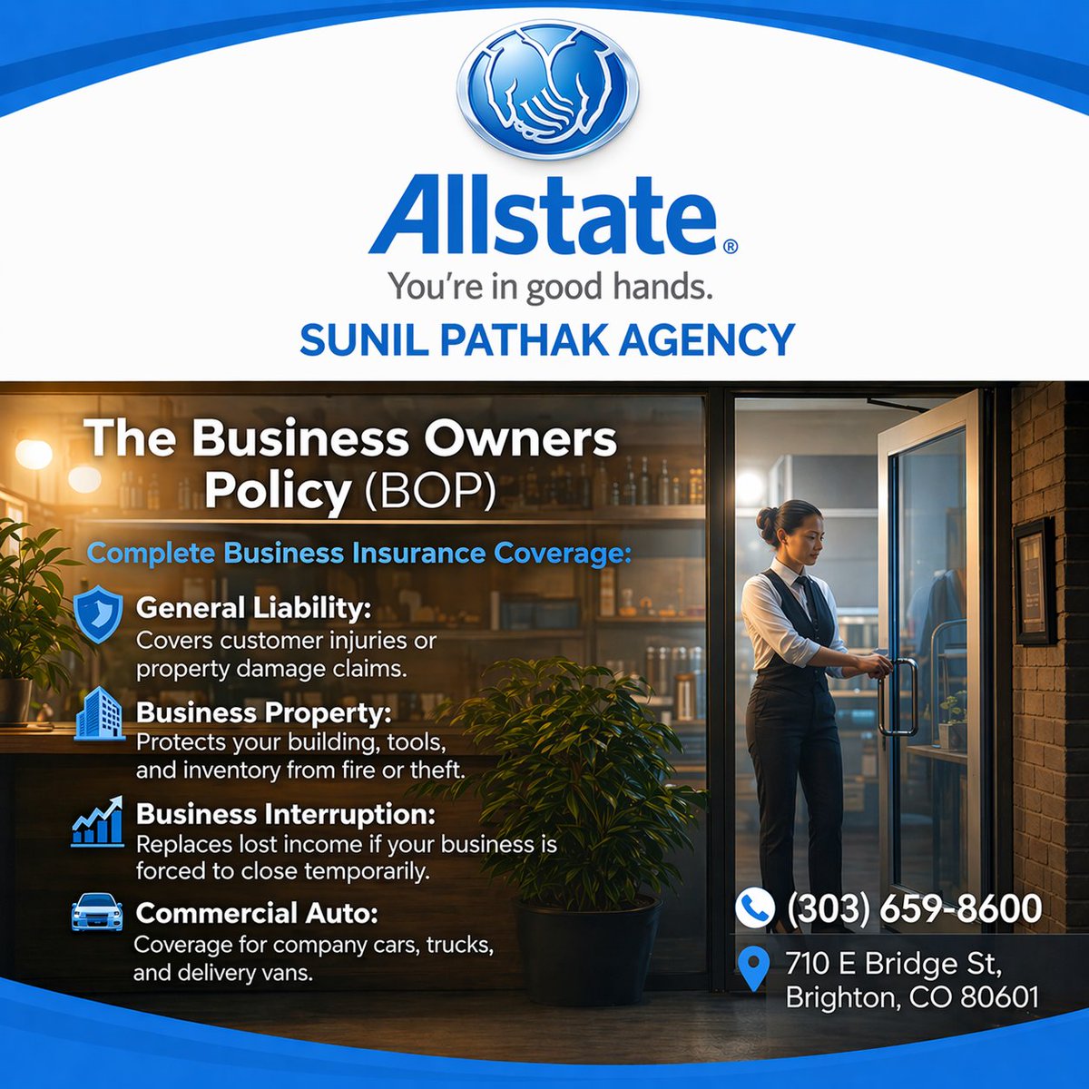 PathakAgency's tweet image. Complete business insurance, simplified.

The Sunil Pathak Agency offers BOP coverage for your building, tools, inventory, and company vehicles. Don't leave your livelihood to chance-get a free quote today!

📞 303-659-8600

#Allstate #BOP #EntrepreneurLife
#SunilPathakInsurance