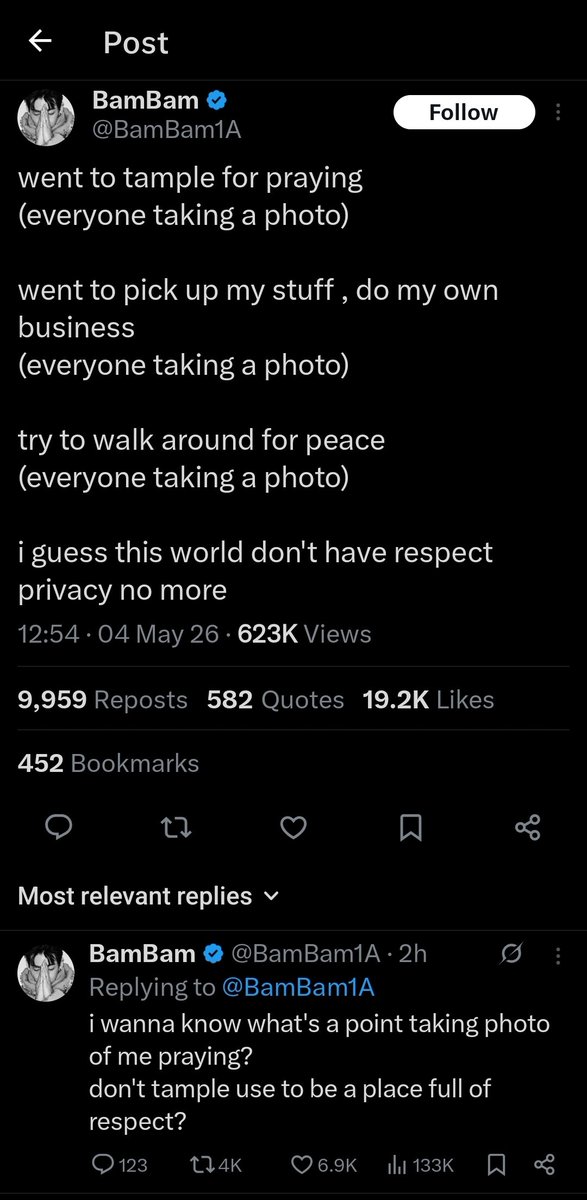 Imagine living like this. Not being able to leave your house without habing cameras shoved in your face. Going to a temple to pray and even at a place of worship and spirituality there are people denying you privacy.

Imagine it.
No, really, do.
Do better.
All of you.
All of us.