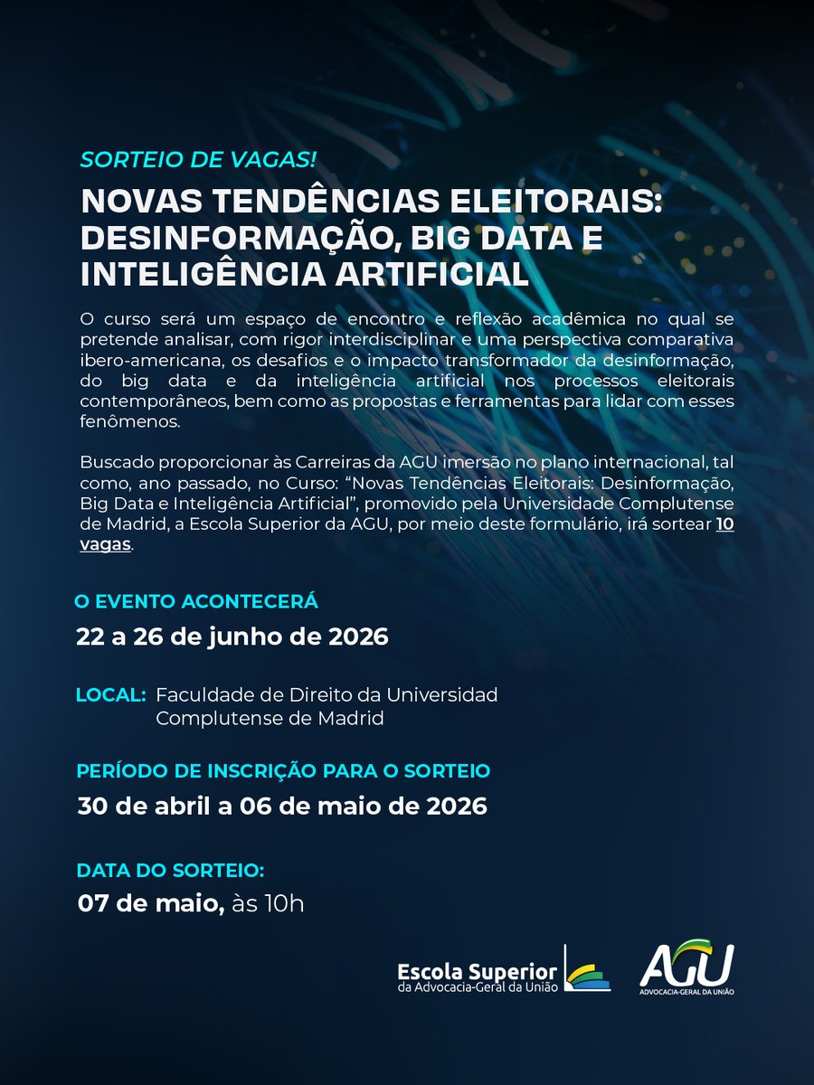 Sorteio de 10 vagas!🎓🇪🇸

Curso “Novas Tendências Eleitorais: Desinformação, Big Data e IA”, na Universidade Complutense de Madrid.

Inscrições: 30/04 a 06/05
Sorteio: 07/05, 10h
Curso: 22 a 26/06

🔗 drive.google.com/file/d/1Rp6U5f…