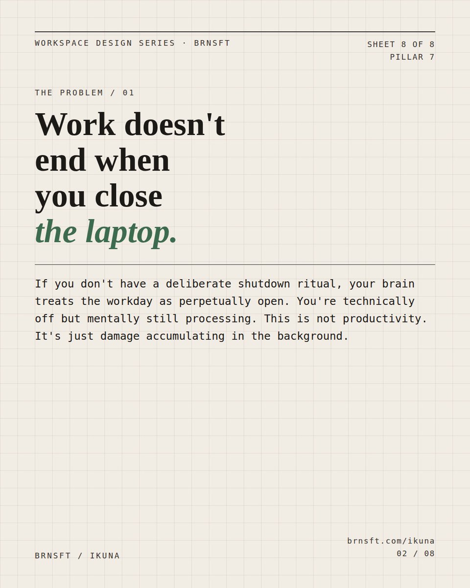 brnsft's tweet image. Without a shutdown ritual, your brain stays in the office.
Write tomorrow's first task. Make a physical signal. Close everything. No exceptions.
Four rules that actually turn work off. Swipe through.
brnsft.pulse.ly/dvle7k3nlb
#productivity #worklifebalance #shutdownritual