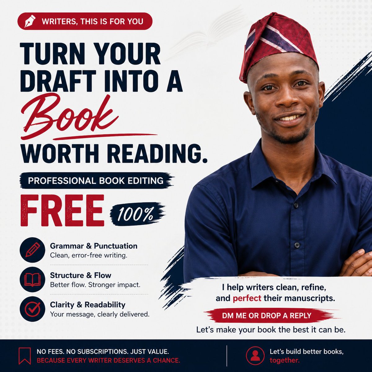 ibrahimrdigital's tweet image. Most writers don’t have a writing problem.

They have an editing problem.

Messy structure.
Weak sentences.
Poor flow.

That’s why their book never feels “ready.”

I help fix that  for FREE.

Turn your draft into something worth reading. ✍️

#Writers #BookEditing #SelfPublish