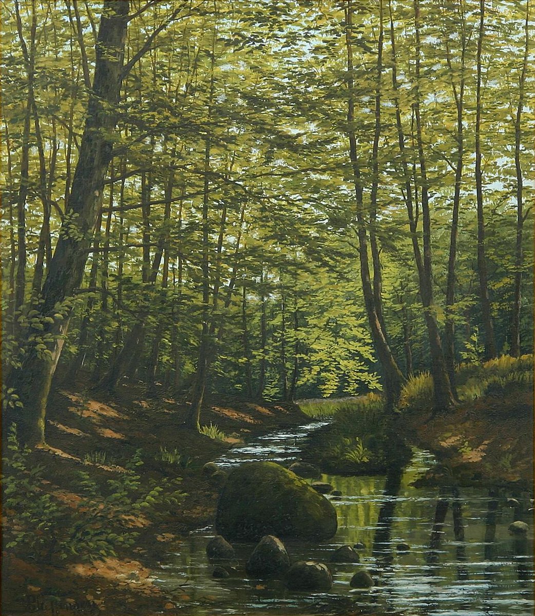 angelicaio81153's tweet image. Classic masterpiece forest painting 

A stream through a beech wood ,  
Riis Skov , 1886 

Poul Steffenson ( 1866 - 1923 ) , Danish master artist , landscape painter 
Exceptional artwork 
#artwork #landscape #olpainting