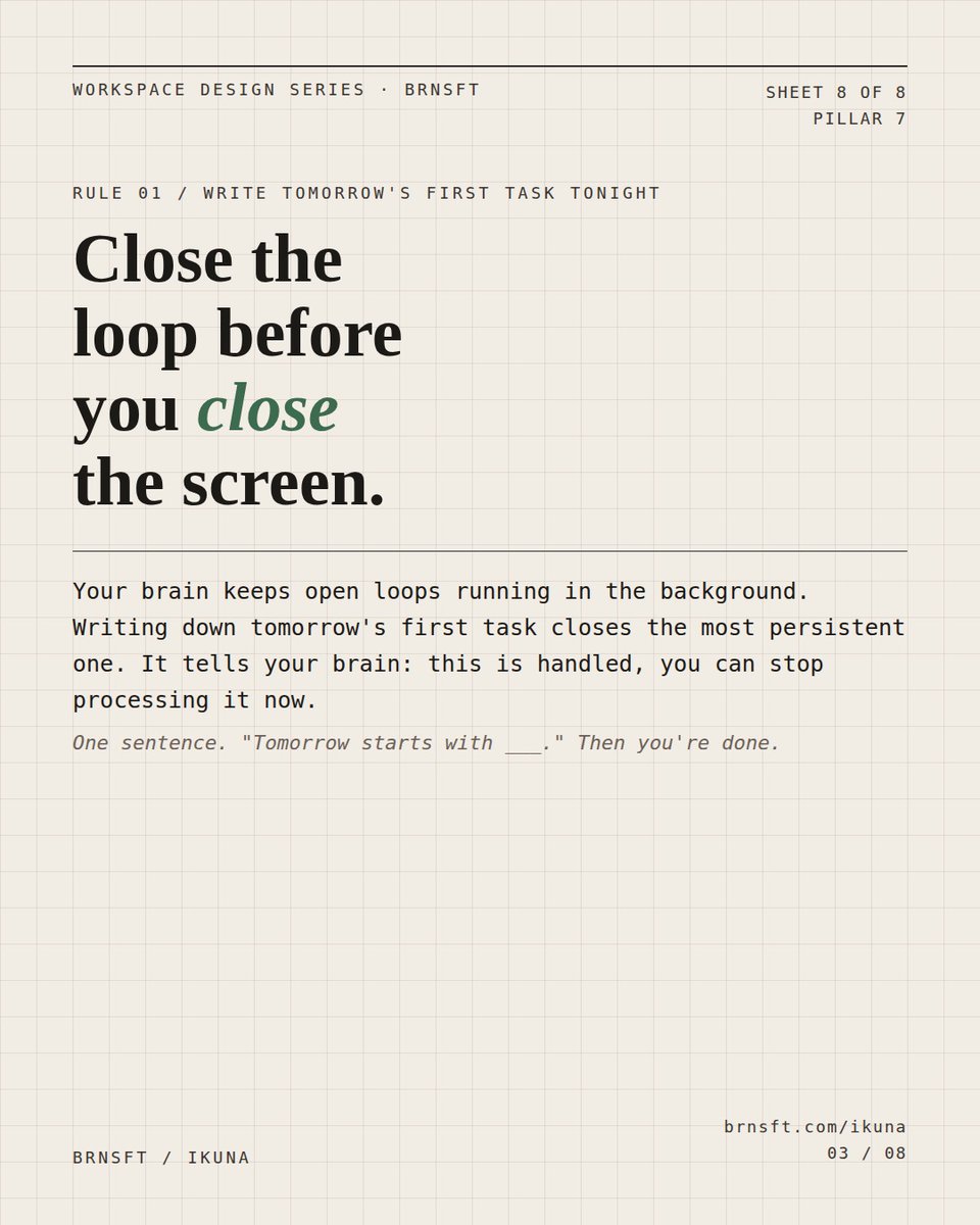 brnsft's tweet image. Without a shutdown ritual, your brain stays in the office.
Write tomorrow's first task. Make a physical signal. Close everything. No exceptions.
Four rules that actually turn work off. Swipe through.
brnsft.pulse.ly/dvle7k3nlb
#productivity #worklifebalance #shutdownritual