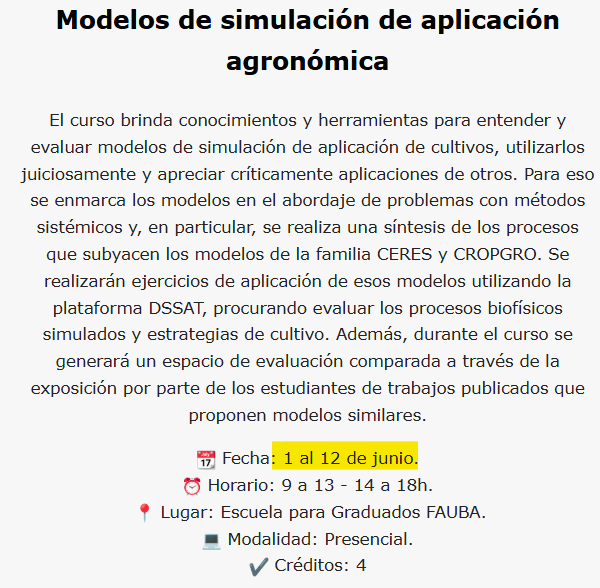 JorgeLMercau's tweet photo. Modelos de Simulación de aplicación agronómica
Edición 2026

Presencial
1 al 12 de Junio en FAUBA CABA 

Muy intensos, incluso en la residencia q compartiremos!
@epg_fauba @AgronomiaUBA 

Inscripciones en:
https://t.co/2LYMtuiSg5 https://t.co/uPGM2uFXTm