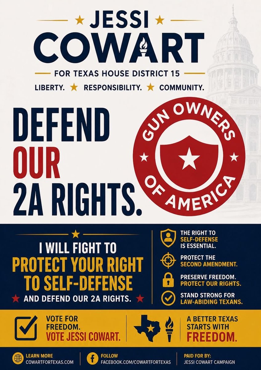 JessiCowartTX's tweet image. The right to self-defense is a fundamental American freedom — and it must be protected.

Jessi stands for:

✔️ The right to self-defense
✔️ Protecting the Second Amendment
✔️ Standing with law-abiding Texans
✔️ Preserving freedom for future generations

#JessiCowart #2a #txlege