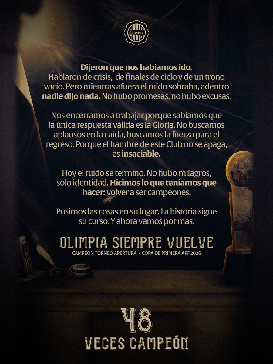 Las cosas están en su lugar. La historia sigue su curso. Y ahora, por sobre todas las cosas, vamos por más.

𝐎𝐋𝐈𝐌𝐏𝐈𝐀 𝐒𝐈𝐄𝐌𝐏𝐑𝐄 𝐕𝐔𝐄𝐋𝐕𝐄.