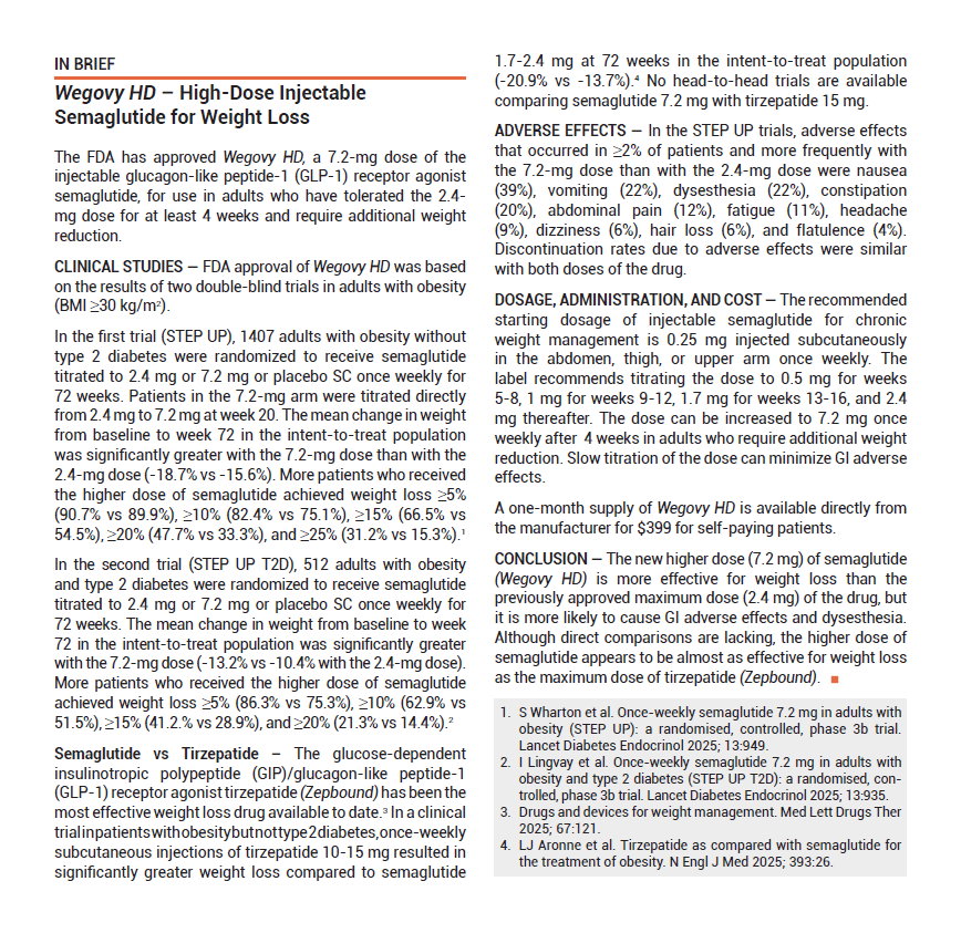 MedicalLetter's tweet photo. In Brief: Wegovy HD – High-Dose Injectable Semaglutide for Weight Loss https://t.co/UMLWNM6xdV https://t.co/OF3hqVbCGm