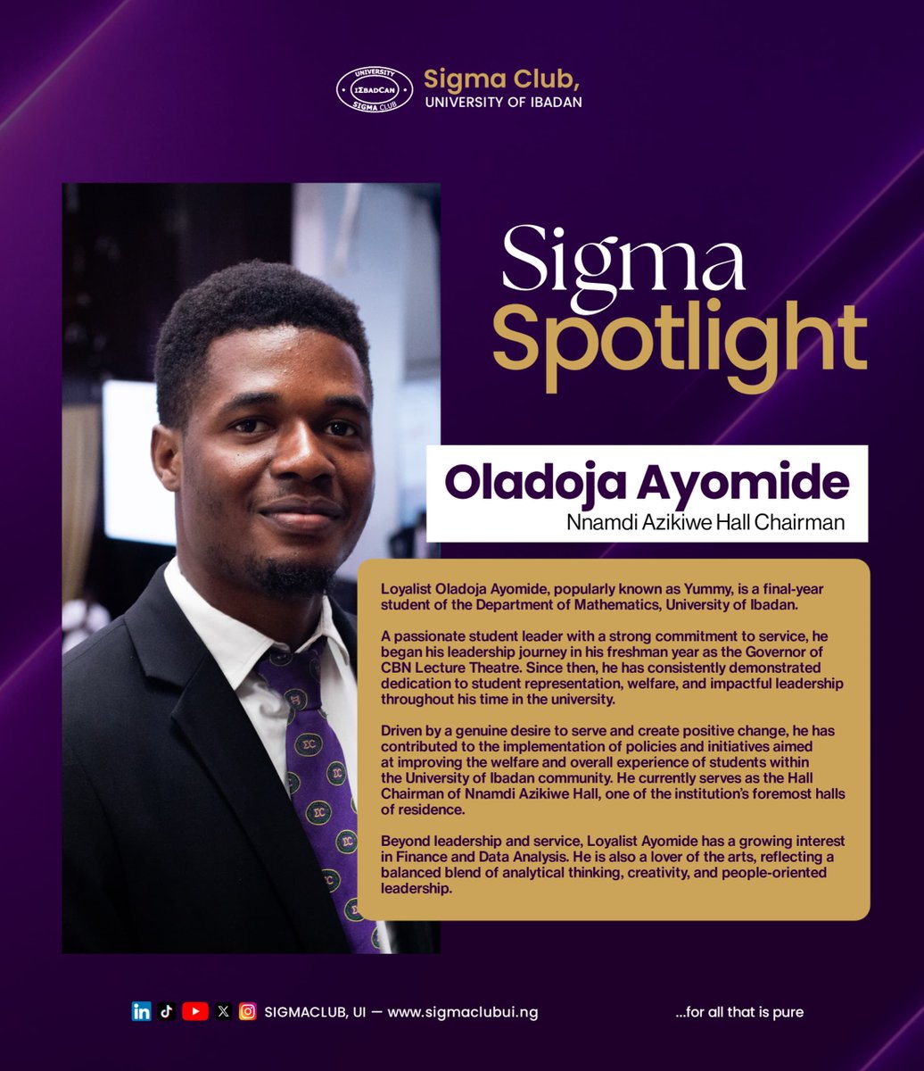 _sigmaclub_ui's tweet photo. Leadership is not just about holding positions it is about impact, and service.ππ
From serving as Governor of CBN Lecture Theatre to currently leading Nnamdi Azikiwe Hall as Hall Chairman, Loy. Oladoja A. continues to embody purposeful leadership
#SigmaSpotlight #SigmaClubUI https://t.co/pp18ky1qiY