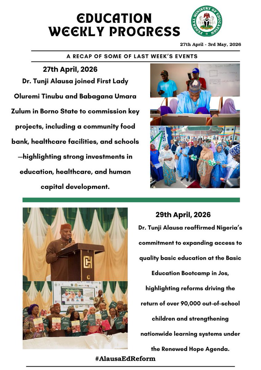 DonmaxwellV's tweet photo. A look at what the minister of Education @DrTunjiAlausa was up to last week on Educational Progress. 
Education weekly Progress https://t.co/tlLKFiqtvD