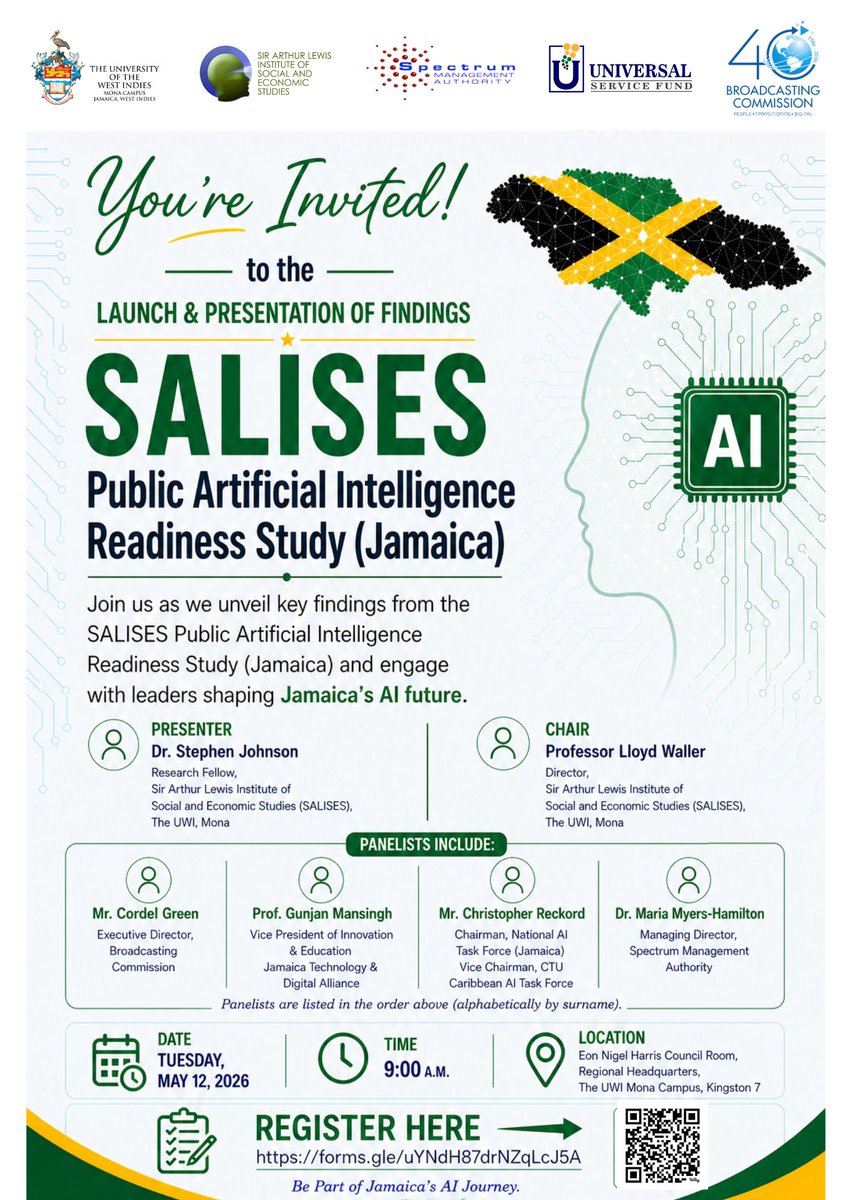 SALISESMona's tweet photo. 🚀 Join us for the launch of the
 SALISES AI Readiness Study (Jamaica) 🇯🇲
📅 May 12 | 🕘 9AM
📍 Eon Nigel Harris Council Room, Regional Headquarters, The UWI, Mona Campus

Featuring leaders in AI, policy &amp; innovation
🔗 Register: https://t.co/SlW7m7RiqO https://t.co/ecfvQePS8K