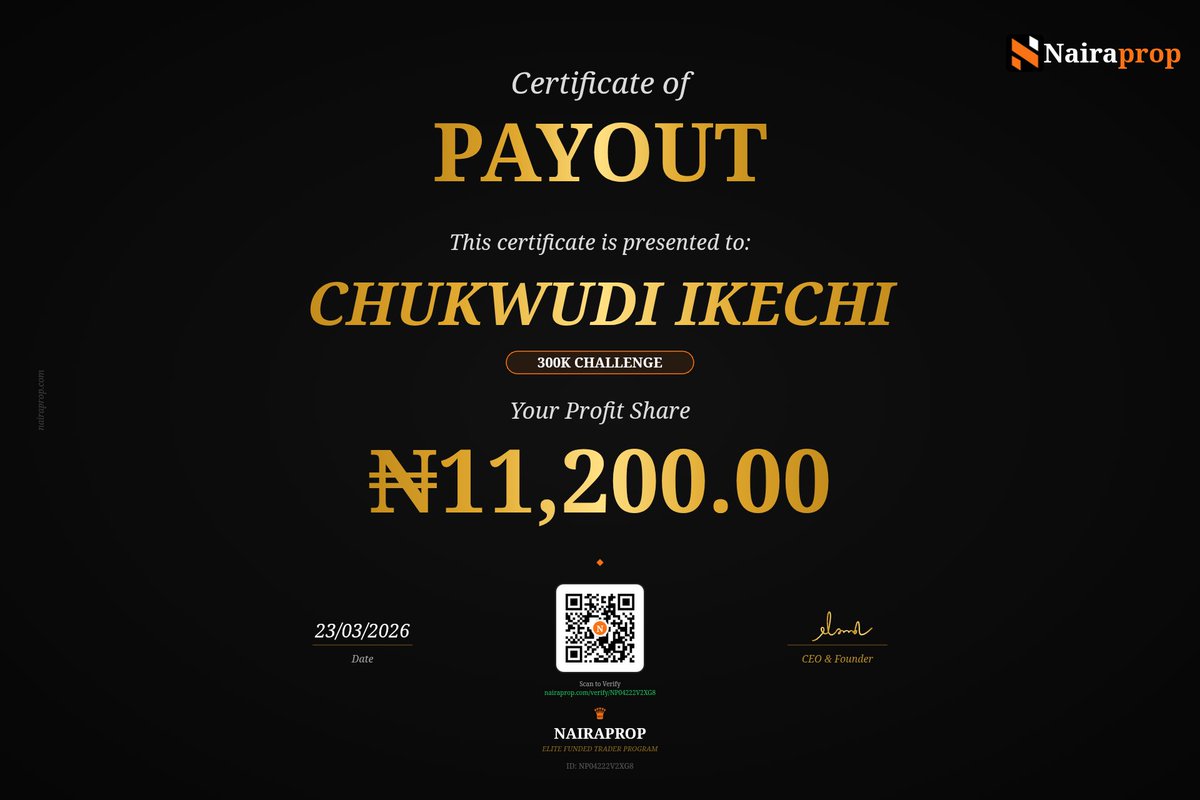 ICEFOREXbg's tweet image. 🏆 Just received my ₦11,200.00 payout from @NairaProp! Successfully completed the 300K Challenge as a Funded Trader! 🚀💰 #NairaProp #FundedTrader #PropFirm #TradingSuccess