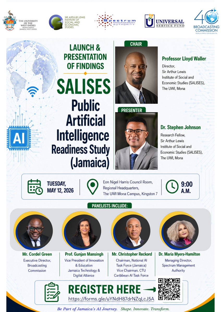 SALISESMona's tweet photo. 🚀 Join us for the launch of the
 SALISES AI Readiness Study (Jamaica) 🇯🇲
📅 May 12 | 🕘 9AM
📍 Eon Nigel Harris Council Room, Regional Headquarters, The UWI, Mona Campus

Featuring leaders in AI, policy &amp; innovation
🔗 Register: https://t.co/SlW7m7RiqO https://t.co/ecfvQePS8K