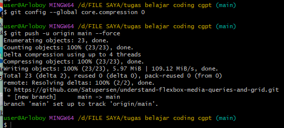 Paglo_I's tweet photo. Solusi kilat yang saya lakuin:

✅ Hapus .git (reset total kalau masih awal). 
✅ Perbesar http.postBuffer. 
✅ Set core.compression 0 kalau koneksi lagi rewel.

Project Flexbox &amp; Grid akhirnya mendarat aman di repo! Portofolio bertambah pelan-pelan.
#Coding #Frontend #GitHubTips https://t.co/SKTlNBpylR