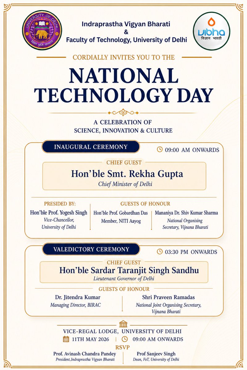 UnivofDelhi's tweet photo. National Technology Day (May 11, 2026) 
Registration Link -  https://t.co/VJr1tm605M

@gupta_rekha 
@CMODelhi   
@LtGovDelhi 
@YeDesHaiMera 
@Vibha_India  
@DelhiVigBharati https://t.co/vRWMf4lidx
