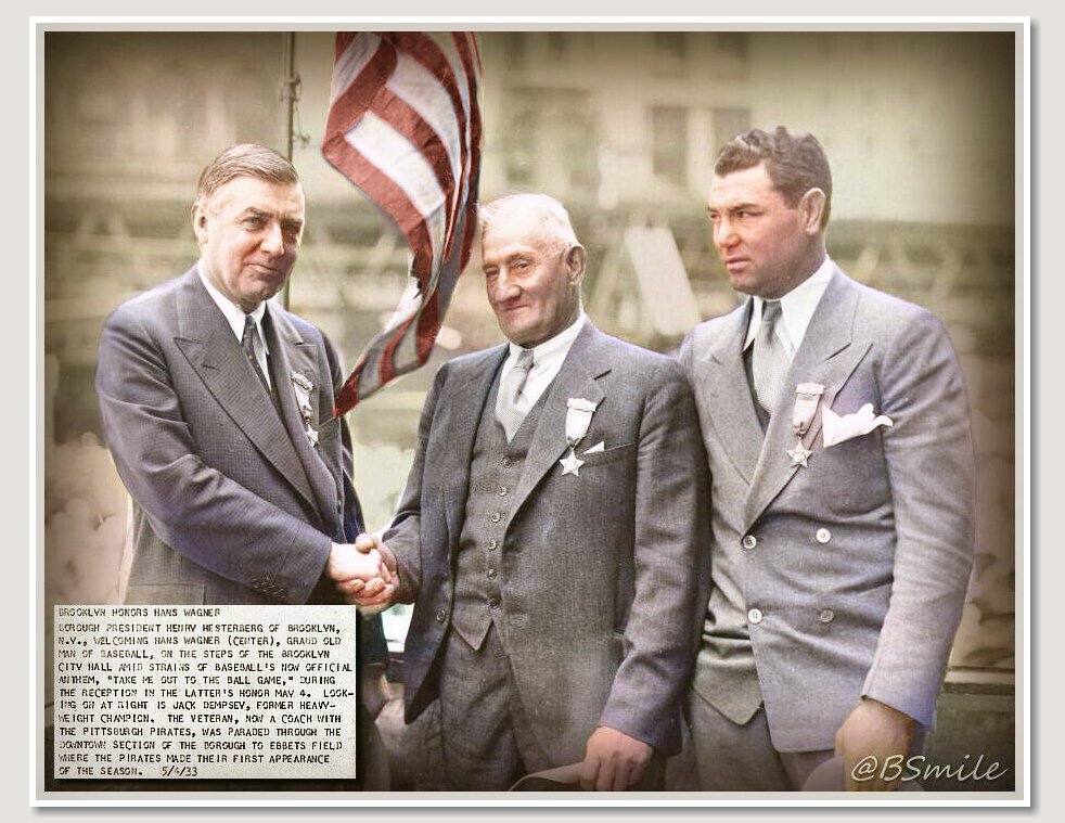 BSmile's tweet image. Today In 1933: Brooklyn honors Pittsburgh #Pirates legend Honus Wagner! (Pictured L-R) Borough President Henry Hesterberg, Honus Wagner and boxing legend Jack Dempsey! #MLB #Baseball #History