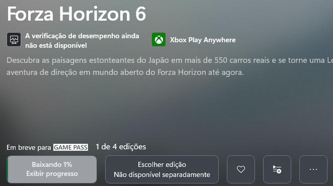 Obrigado por existir, Game Pass!

Pré-instalando o Forza Horizon 6, para poder dar meus rolê em Tokyo ao som da música do Tokyo Drift nas alturas, bem clichê, enquanto uso o meu Logitech G920!