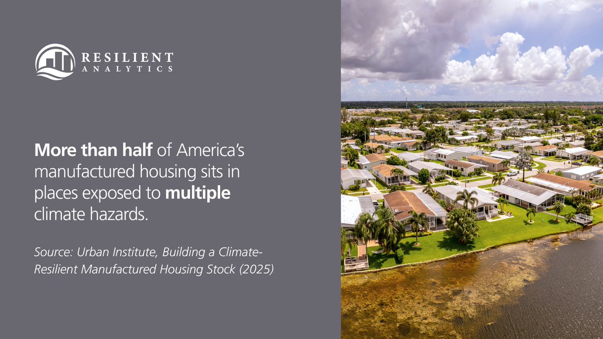 Stanley_Group's tweet photo. 54% of U.S. manufactured housing is located in areas highly exposed to two or more climate hazards. This suggests climate resilience strategies need to extend beyond individual structures to include: 

• Investments in community infrastructure  
• Improved access to financing, insurance and risk-informed planning 
• Long-term housing stability in high-risk areas 

If more than half of manufactured housing faces multiple hazards, what should resilience planning prioritize first? Share your perspective. ⬇️