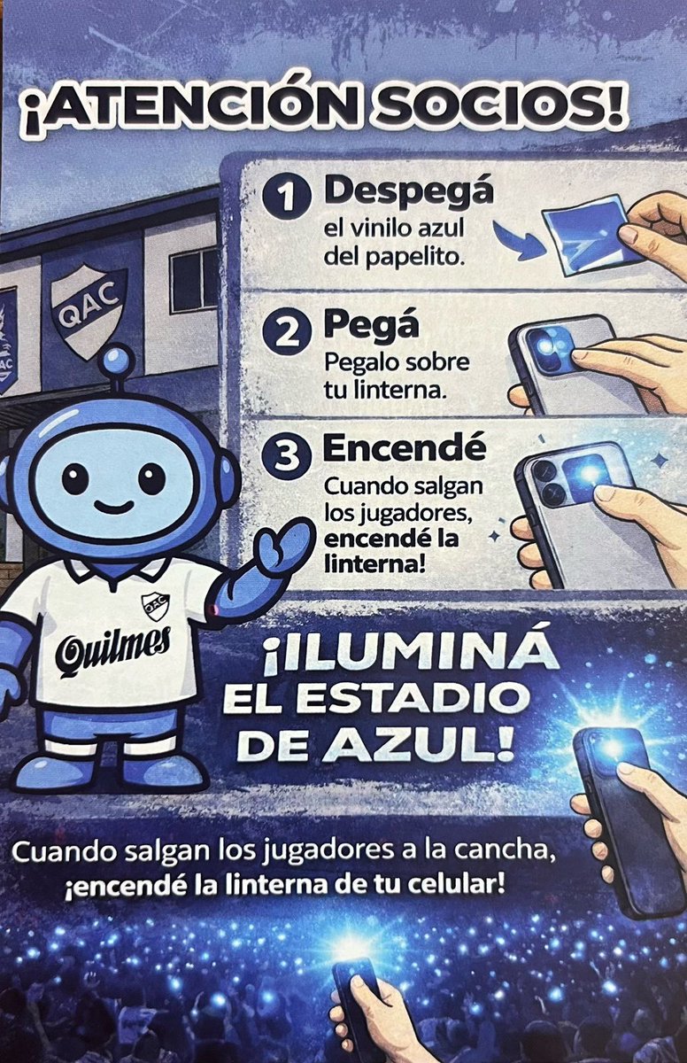 💙 HOY JUGAMOS TODOS – ILUMINEMOS EL CENTENARIO 🇫🇮
Queremos que la previa del partido de hoy sea una fiesta… y la vamos a hacer entre todos.
Al ingresar al estadio vamos a estar entregando estos flyers con el vinilo azul. ¡Buscá el tuyo!
Ahora Quilmes, ahora los socios.