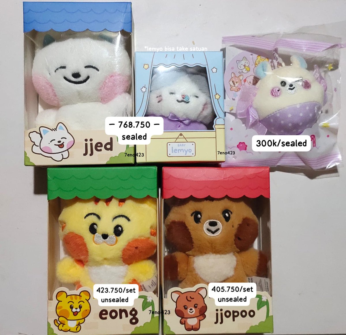 wts ready ina

— jjed v1 + baby keyring lemyo 
— eong v1 set
— jjopoo v1 set
— mini plush keyring bamjji sweet dreamiez

• include all + voucher promo xtra 
• co event, dom jatim
• dm for details!
t. wtb lfb doll mark jeno haechan chenle jisung nct dream