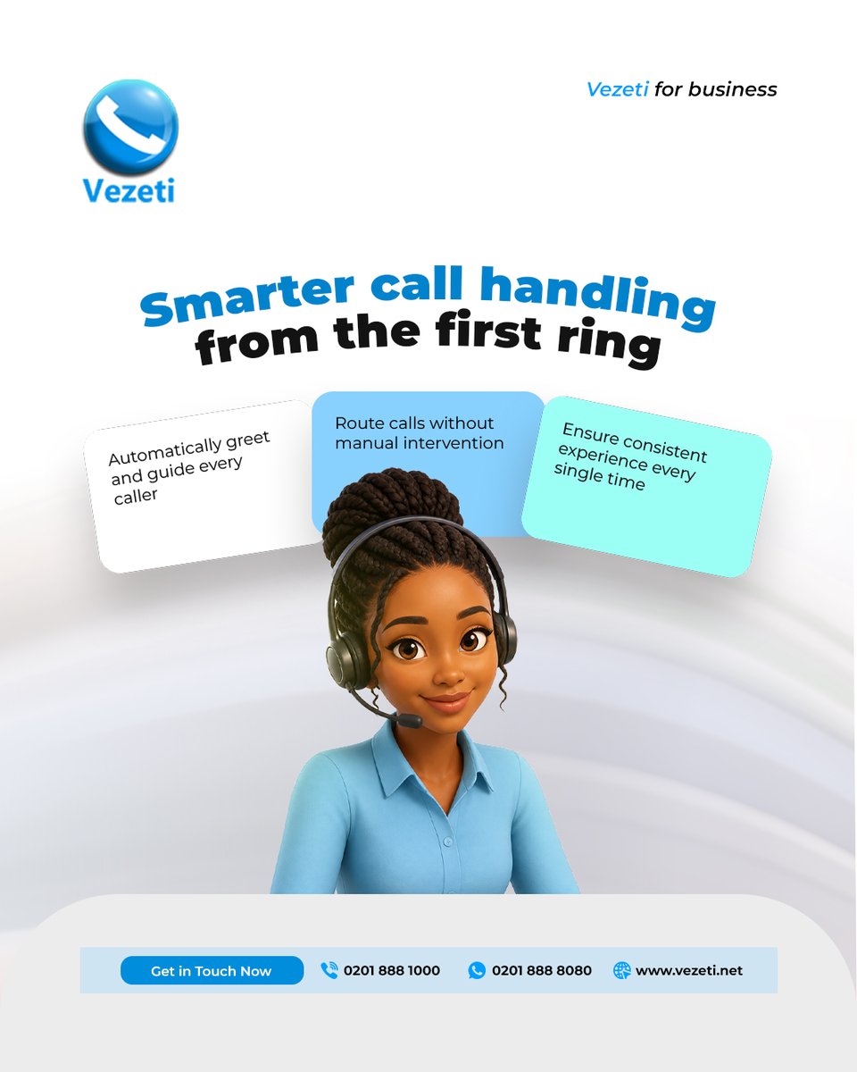 vezeti_ng's tweet photo. First impressions happen on the first ring. Vezeti’s Auto Attendant automatically greets callers, guides them to the right destination, and ensures every call is handled consistently without manual effort.
#Vezeti #AutoAttendant #CallManagement #BusinessCommunication https://t.co/OOB9E1Jzfa